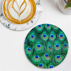 Peacock Feathers, Bonito, Bird, Blue, Colorful, Feathers Uv Print Round Tile Coaster by nateshop