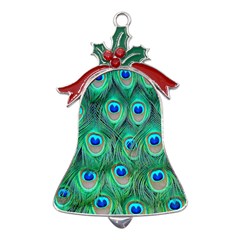 Peacock Feathers, Bonito, Bird, Blue, Colorful, Feathers Metal Holly Leaf Bell Ornament by nateshop