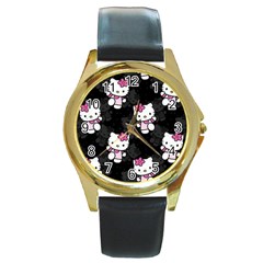 Hello Kitty, Pattern, Supreme Round Gold Metal Watch by nateshop