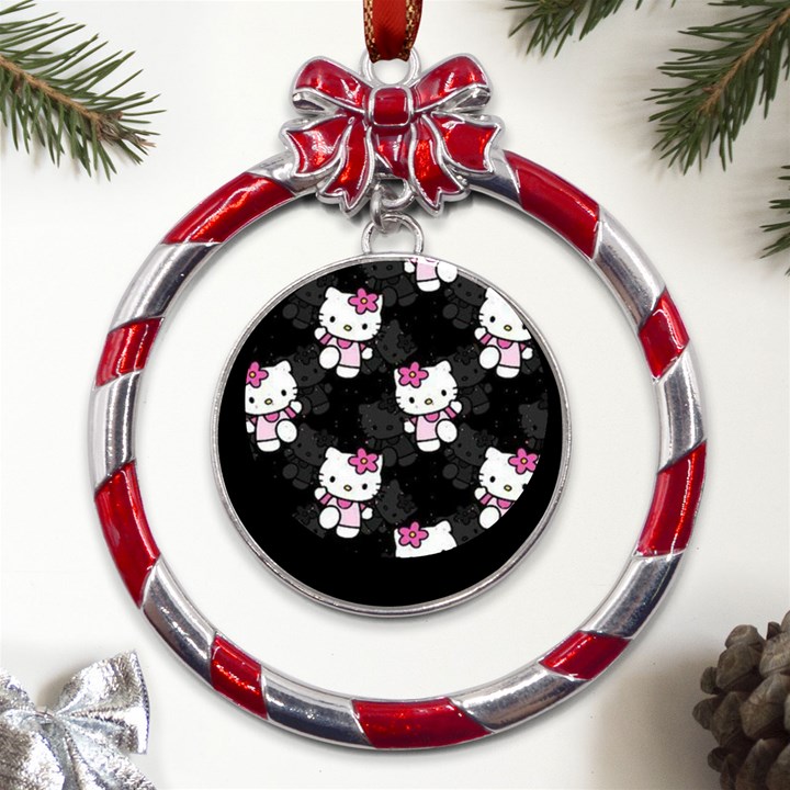 Hello Kitty, Pattern, Supreme Metal Red Ribbon Round Ornament