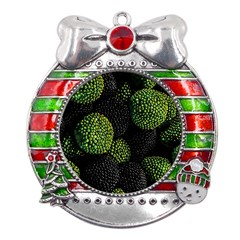 Berry,note, Green, Raspberries Metal X mas Ribbon With Red Crystal Round Ornament by nateshop