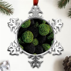 Berry,note, Green, Raspberries Metal Small Snowflake Ornament by nateshop