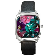 Flowers, Mate, Pink, Purple, Stock Wall Square Metal Watch by nateshop