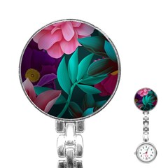 Flowers, Mate, Pink, Purple, Stock Wall Stainless Steel Nurses Watch by nateshop