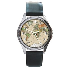 Vintage World Map Aesthetic Round Metal Watch by Cemarart