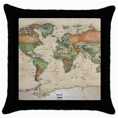 Vintage World Map Aesthetic Throw Pillow Case (black) by Cemarart