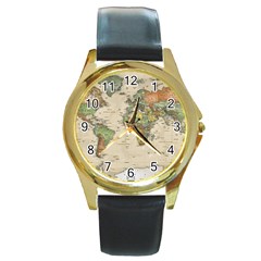 Vintage World Map Aesthetic Round Gold Metal Watch by Cemarart