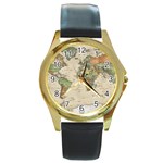 Vintage World Map Aesthetic Round Gold Metal Watch Front