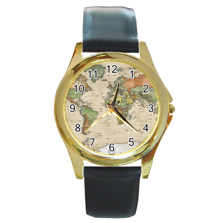 Vintage World Map Aesthetic Round Gold Metal Watch