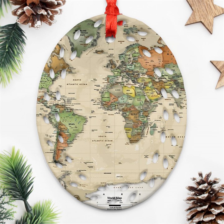 Vintage World Map Aesthetic Oval Filigree Ornament (Two Sides)