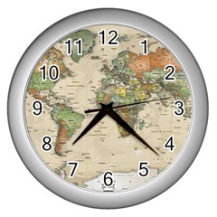 Vintage World Map Aesthetic Wall Clock (silver) by Cemarart