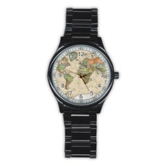 Vintage World Map Aesthetic Stainless Steel Round Watch by Cemarart