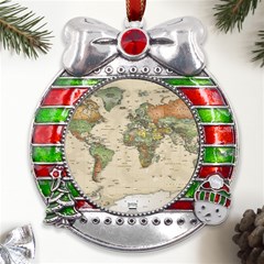 Vintage World Map Aesthetic Metal X mas Ribbon With Red Crystal Round Ornament by Cemarart