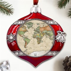 Vintage World Map Aesthetic Metal Snowflake And Bell Red Ornament by Cemarart