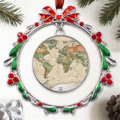 Vintage World Map Aesthetic Metal X mas Wreath Ribbon Ornament by Cemarart