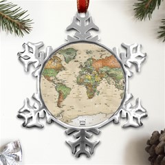 Vintage World Map Aesthetic Metal Small Snowflake Ornament by Cemarart