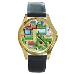 Pixel Map Game Round Gold Metal Watch by Cemarart