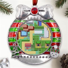 Pixel Map Game Metal X mas Ribbon With Red Crystal Round Ornament by Cemarart