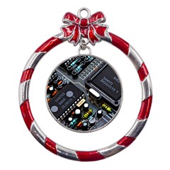 Motherboard Board Circuit Electronic Technology Metal Red Ribbon Round Ornament by Cemarart