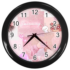 Pink Aesthetic, Clouds, Cute, Glitter, Hello Kitty, Pastel, Soft Wall Clock (black) by nateshop