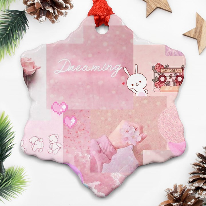 Pink Aesthetic, Clouds, Cute, Glitter, Hello Kitty, Pastel, Soft Snowflake Ornament (Two Sides)