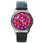 Pink Glitter, Cute, Girly, Glitter, Pink, Purple, Sparkle Round Metal Watch Front