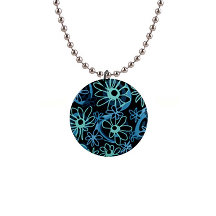 Mazipoodles Love Flowers - Black Dusty Blue Duck Egg Green 1  Button Necklace