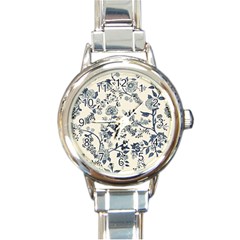 Blue Vintage Background, Blue Roses Patterns Round Italian Charm Watch by nateshop