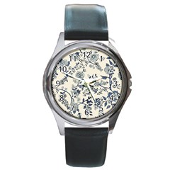 Blue Vintage Background, Blue Roses Patterns Round Metal Watch by nateshop