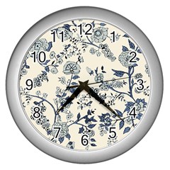 Blue Vintage Background, Blue Roses Patterns Wall Clock (silver) by nateshop