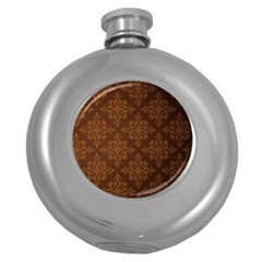 Brown Floral Pattern Floral Vintage Pattern, Brown Vintage Round Hip Flask (5 Oz) by nateshop