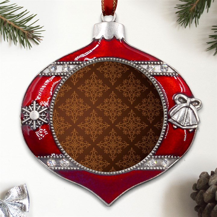 Brown Floral Pattern Floral Vintage Pattern, Brown Vintage Metal Snowflake And Bell Red Ornament