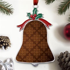 Brown Floral Pattern Floral Vintage Pattern, Brown Vintage Metal Holly Leaf Bell Ornament by nateshop