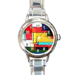 Multicolored Retro Abstraction, Lines Retro Background, Multicolored Mosaic Round Italian Charm Watch by nateshop