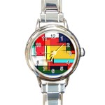 Multicolored Retro Abstraction, Lines Retro Background, Multicolored Mosaic Round Italian Charm Watch Front