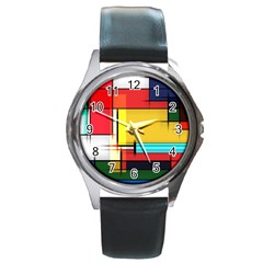 Multicolored Retro Abstraction, Lines Retro Background, Multicolored Mosaic Round Metal Watch by nateshop