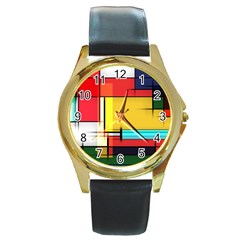 Multicolored Retro Abstraction, Lines Retro Background, Multicolored Mosaic Round Gold Metal Watch by nateshop