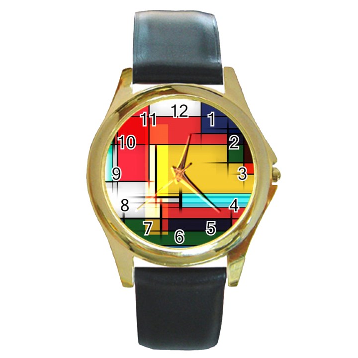 Multicolored Retro Abstraction, Lines Retro Background, Multicolored Mosaic Round Gold Metal Watch