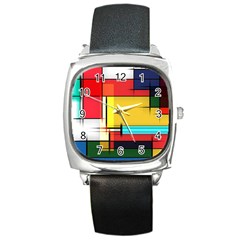 Multicolored Retro Abstraction, Lines Retro Background, Multicolored Mosaic Square Metal Watch by nateshop