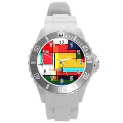 Multicolored Retro Abstraction, Lines Retro Background, Multicolored Mosaic Round Plastic Sport Watch (l) by nateshop