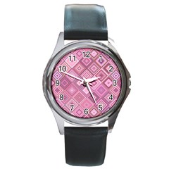 Pink Retro Texture With Rhombus, Retro Backgrounds Round Metal Watch by nateshop