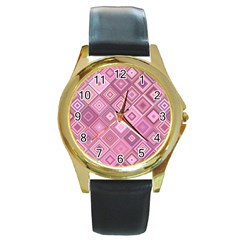 Pink Retro Texture With Rhombus, Retro Backgrounds Round Gold Metal Watch by nateshop