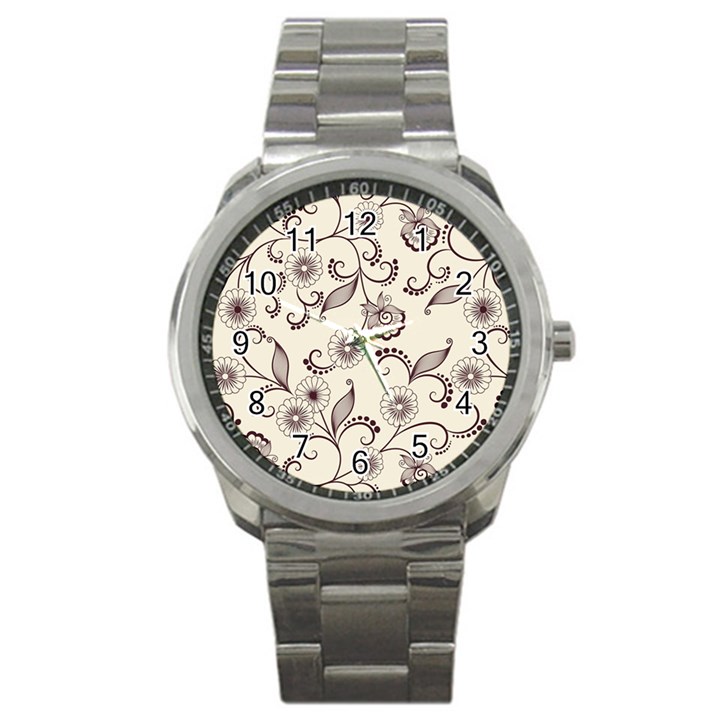 Retro Floral Texture, Light Brown Retro Background Sport Metal Watch