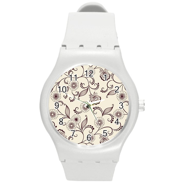 Retro Floral Texture, Light Brown Retro Background Round Plastic Sport Watch (M)