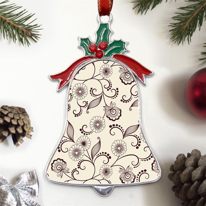 Retro Floral Texture, Light Brown Retro Background Metal Holly Leaf Bell Ornament