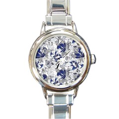 Retro Texture With Blue Flowers, Floral Retro Background, Floral Vintage Texture, White Background W Round Italian Charm Watch by nateshop