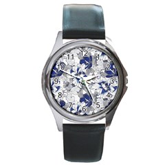 Retro Texture With Blue Flowers, Floral Retro Background, Floral Vintage Texture, White Background W Round Metal Watch by nateshop