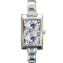 Retro Texture With Blue Flowers, Floral Retro Background, Floral Vintage Texture, White Background W Rectangle Italian Charm Watch by nateshop