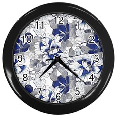 Retro Texture With Blue Flowers, Floral Retro Background, Floral Vintage Texture, White Background W Wall Clock (black) by nateshop