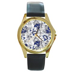 Retro Texture With Blue Flowers, Floral Retro Background, Floral Vintage Texture, White Background W Round Gold Metal Watch by nateshop